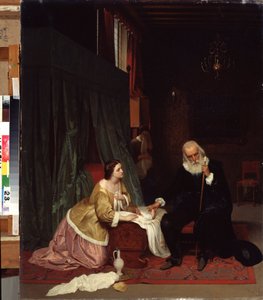 "Het bezoek van de dokter" Een dokter neemt de pols van een ziek kind onder het bezorgde oog van zijn moeder. Schilderij van Gustav Budkovski