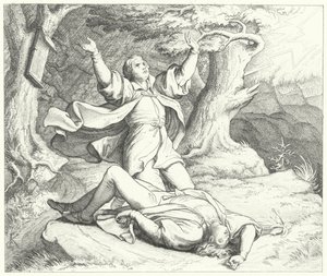 Alexis, vriend van Maarten Luther, nadat hij door de bliksem is getroffen tijdens hun reizen, 1505 door Gustav Ferdinand Leopold Konig