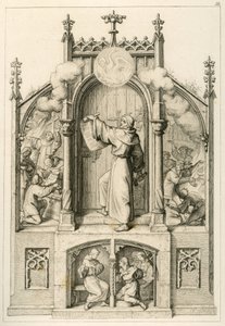 Luther wil geen aflaten geven, links: Johann Tetzel (1465-1519) verbrandt de papieren van Luther, hoofdbeeld: Luther hangt zijn 95 stellingen aan de kerkdeur van Wittenberg, rechts: studenten van de universiteit van Wittenberg verbranden door Gustav Ferdinand Leopold Konig
