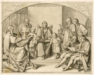Luthers introductie van Duitse protestantse religieuze hymnen samen met zijn kinderen en vrienden onder leiding van Johannes Walther (1496-1570)