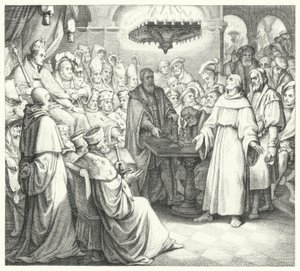 Maarten Luther verschijnt voor keizer Karel V op de Rijksdag van Worms (gravure) door Gustav Ferdinand Leopold Konig