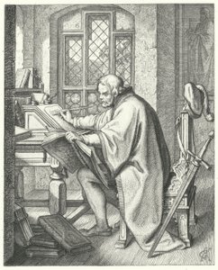 Maarten Luther begint de vertaling van de Bijbel in kasteel Wartburg (gravure) door Gustav Ferdinand Leopold Konig