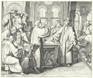 Maarten Luther bespreekt het sacrament met Huldrych Zwingli (gravure) door Gustav Ferdinand Leopold Konig
