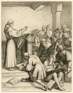 Maarten Luther geeft lezingen aan de universiteit van Wittenberg, voor hem de vice-kanselier Dr. Pollich en zijn vaderlijke vriend Johann von Staupitz (1460-1524) door Gustav Ferdinand Leopold Konig