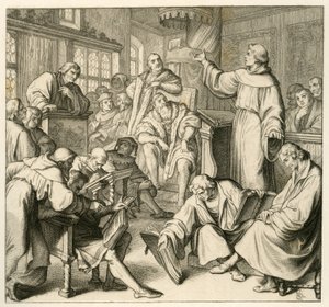 Maarten Luther in discussie met Dr. Johannes Eck (Johann Maier von Eck) (1486-1543), aan de kant van Luther staan Philipp Melanchthon (1497-1560) en Karlstadt (Andreas Rudolf Bodenstein von Karlstadt)