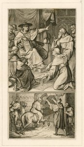 Maarten Luther in discussie met kardinaal Cajetan, Luther moet zijn geschriften herroepen, naast hem zijn vriend Staupitz door Gustav Ferdinand Leopold Konig