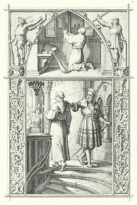Maarten Luther in gebed ter voorbereiding op de Rijksdag van Worms (boven). Georg von Frundsberg geeft Maarten Luther aanmoediging (onder) (gravure) door Gustav Ferdinand Leopold Konig