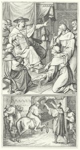 Maarten Luther verlaat de pauselijke legaat in Wittenberg, Thomas Cajetan (boven). Maarten Luther verlaat de stad Augsburg (onder) (gravure) door Gustav Ferdinand Leopold Konig
