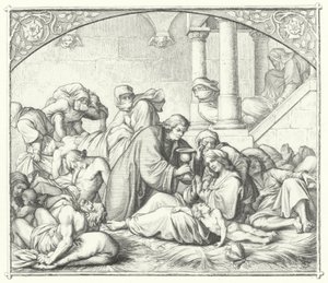 Maarten Luther biedt troost aan pestlijders (gravure)