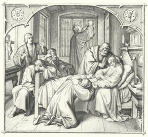 Maarten Luther bidt aan het sterfbed van Philip Melanchthon (gravure) door Gustav Ferdinand Leopold Konig