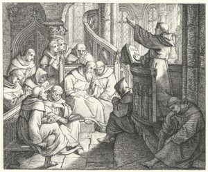 Maarten Luther preekt voor Johann von Staupitz en de andere monniken in het klooster (gravure) door Gustav Ferdinand Leopold Konig