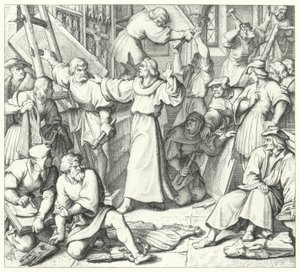 Maarten Luther weerhoudt de beeldenstormers in Wittenberg (gravure) door Gustav Ferdinand Leopold Konig