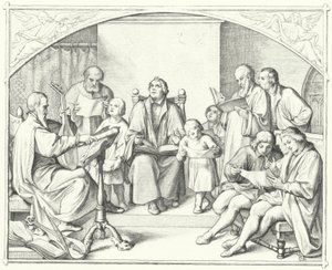 Maarten Luther zingt met een kerkkoor (gravure)
