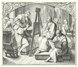 Maarten Luther zit voor een schilderij door Lucas Cranach de Oude (gravure) door Gustav Ferdinand Leopold Konig