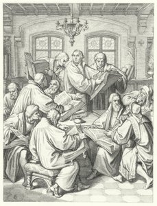Maarten Luther vertaalt de bijbel in het Duits (gravure) door Gustav Ferdinand Leopold Konig