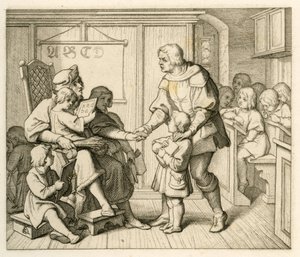 Maarten Luthers inschrijving op school in Mansfeld, in deze illustratie samen met zijn vader Hans door Gustav Ferdinand Leopold Konig