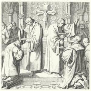 De Heilige Communie getoond in zowel protestantse als katholieke vormen (gravure)