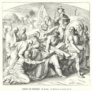 Simon van Cyrene, Mattheüs, hoofdstuk xxvii, vers 32 (gravure) door Gustav Jager