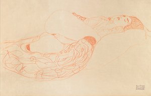Liggende Halfnaakte Masturberend door Gustav Klimt