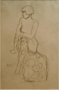 Zittende halfnaakt naar links door Gustav Klimt