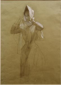 Staande jonge vrouw, een hoofddoek omdoend door Gustav Klimt