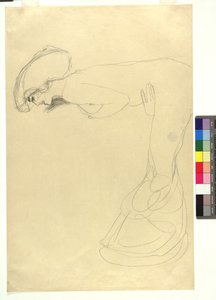 Studie zu einer nach vorne gebeugten weiblichen Gestalt im Profil nach links