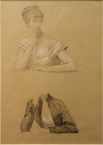 Twee studies van een aan een tafel zittende jonge vrouw door Gustav Klimt