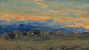 Bergboerderij in avondlicht door Gustav Wentzel