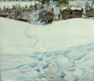 Bergboerderij in winterlandschap door Gustav Wentzel