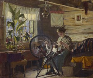Vrouw in boerderij interieur door Gustav Wentzel