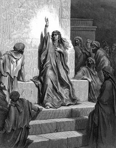 Debora, Hebreeuwse profetes die haar volk bevrijdde van Jabin, koning van Kanaän, en zijn generaal Sisera, zingend haar triomflied. Rechters 5:1. 13e eeuw v.Chr. Uit Gustave Dore
