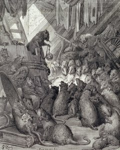 De raad gehouden door de ratten, uit de fabels van La Fontaine, gegraveerd door Antoine Valerie Bertrand (geb. 1823) ca. 1868 door Gustave (after) Dore