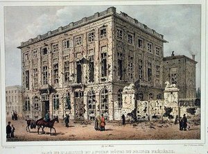 Het Café Amitie en het oude Hotel du Prince Frederic, Brussel, na de gevechten van 23-26 september 1830, gegraveerd door Jean Baptiste Madou (1796-1877) door Gustave Adolphe (after) Simoneau