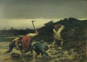 Boeren oogsten aardappelen tijdens de overstroming van de Rijn in 1852 door Gustave Brion