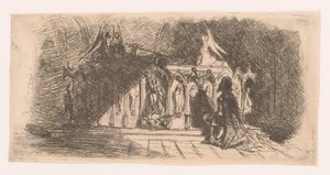 Man knielt voor een gotische graftombe door Gustave Buschmann