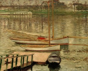 Zeilboten voor anker op de Seine door Gustave Caillebotte
