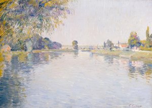 Uitzicht op de Seine en de oever van Argenteuil, richting de brug door Gustave Caillebotte