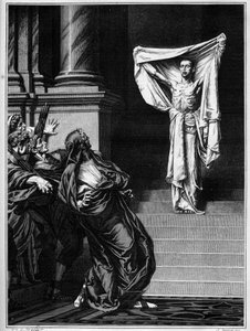San Sebastian en de Romeinse keizer Maximianus Hercules (Marcus Aurelius Valerius Maximianus) (250 - 310). Gravure naar een schilderij van Gustave Boulanger (1824-1888) gepresenteerd op de Salon van 1877.