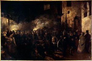 Brandweerlieden die een brand bestrijden. Schilderij door Gustave Courbet (1819-1877) 1850 door Gustave Courbet