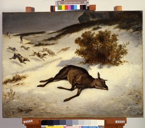 Hind gedwongen om in de sneeuw te gaan liggen door Gustave Courbet