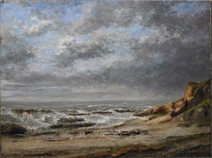 Uitzicht op een ruwe zee bij een klif door Gustave Courbet