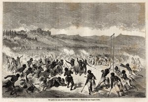 Een balspel onder de Choctaw-indianen, stam uit de Mississippi-regio, getekend door Gustave Doré (1832-1883), ter illustratie van de Mississippi-reis naar de Stille Oceaan in 1853-54 door Baudouin Mollhausen (1825-1905). Gravure in 