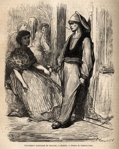 Een chocoladedealer in de open lucht, schets op de levendig genomen in Madrid. Gravure door Gustave Dore (1832-1883) ter illustratie van zijn reis naar Spanje, met Ch. Davillier (redacteur), in 1862, gepubliceerd in 