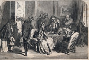 Een wachtkamer van een tandarts. Tekening door Gustave Dore (1832-1883). Gravure in 