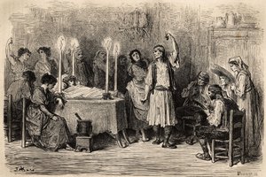 Een begrafenisdans, tijdens de rouwdag in Jijonas (provincie Alicante). Schets gemaakt door Gustave Doré (1832-1883). Gravure ter illustratie van de reis in Spanje, in 1862 door Charles Davillier en Gustave Doré, in 