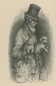 Een man met een hoge hoed die twee honden vasthoudt door Gustave Dore