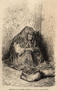 Een pindaverkoper, schets op locatie in de puerta del sol, in Madrid. Gravure door Gustave Doré (1832-1883) ter illustratie van zijn reis naar Spanje, met Ch. Davillier (redacteur), in 1862, gepubliceerd in 