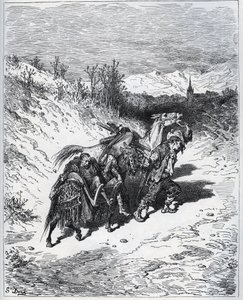 Een ploeger brengt Don Quichot en Rossinante terug naar het dorp - uit "Don Quichot van La Mancha" van Miguel Cervantes door Gustave Dore