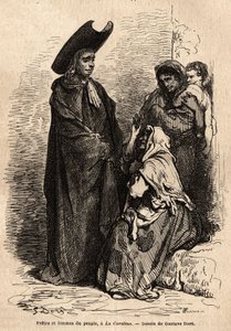 Een priester en een vrouw uit het volk, gekleed in vodden; de professionele Spaanse bedelaars gevestigd op de binnenplaatsen van de kerken om de christelijke liefdadigheid vaardig te exploiteren. Schets live genomen door Gustave Dore (1832-1883). Gravure t