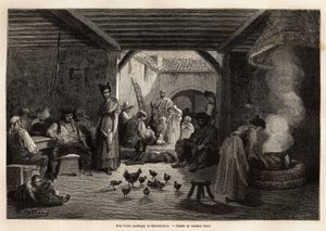 Een herberg in Estremadure, die arbeiders en reizigers verwelkomt evenals verschillende huisdieren of niet, je kunt drinken uit de gemeenschappelijke kruik die aan de balken hangt of individueel en je kunt ook een soep eten die altijd op het vuur staat. Gr door Gustave Dore